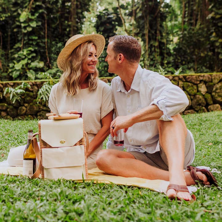 Beige Canvas Corsica Wine & Cheese Picnic Basket for wholesale on Faire27