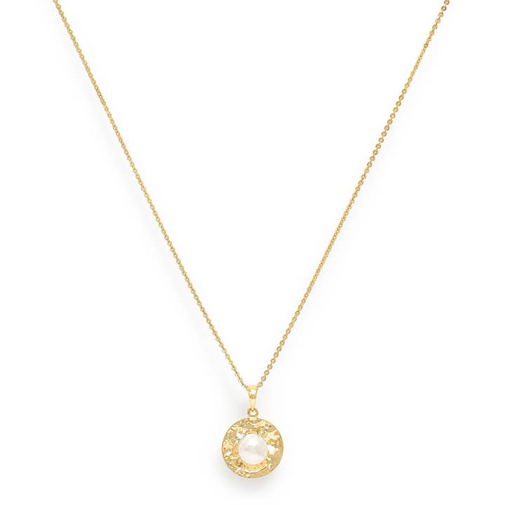 Brushed gold disk pendant with cultured freshwater pearl for wholesale by Pearls of the Orient
