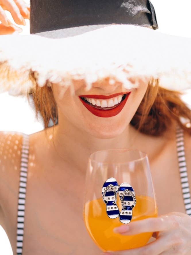 Blue and White Flip Flop Jeweled Stemless Wine Glass for wholesale by The Queens' Jewels®