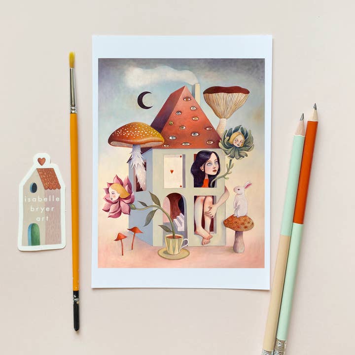 Isabelle Bryer Art - Wholesale Everyday Greeting Card - Wonderland House – A Surreal Alice With Mushrooms - 5"x7"