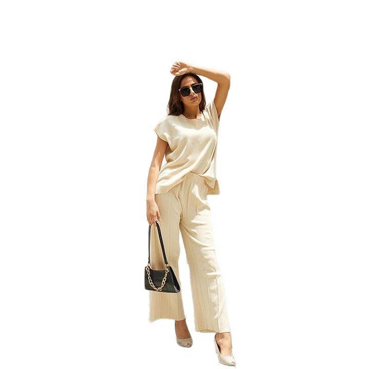 Masyal - Wholesale Top & Pant Set (NOT Loungewear) - Women's - Women's Casual Knitted Two-Piece Wide-Leg Suit4