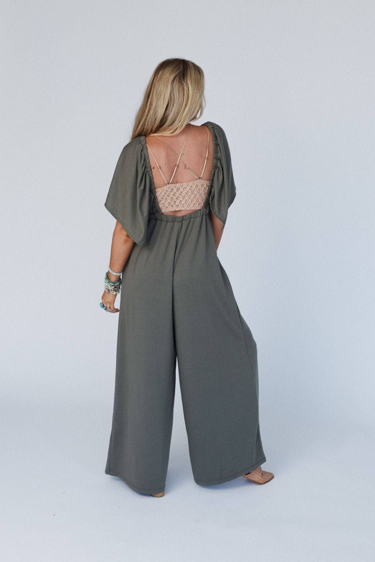 Three Bird Nest - Wholesale Jumpsuit - Women's - On Repeat Open Back Ruffle Jumpsuit - Light Olive1