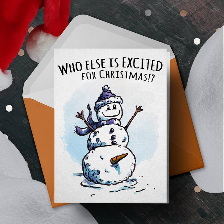 „Opgewonden voor Kerstmis” - Crude Snowman kerstkaart voor wholesale door Aaron Millard Illustration