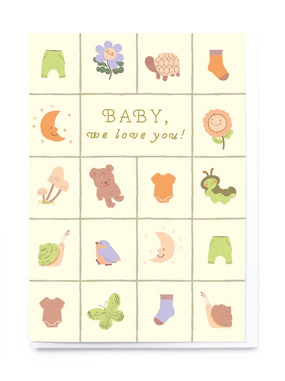 Baby elements on grid New Baby card for wholesale by Noi Publishing