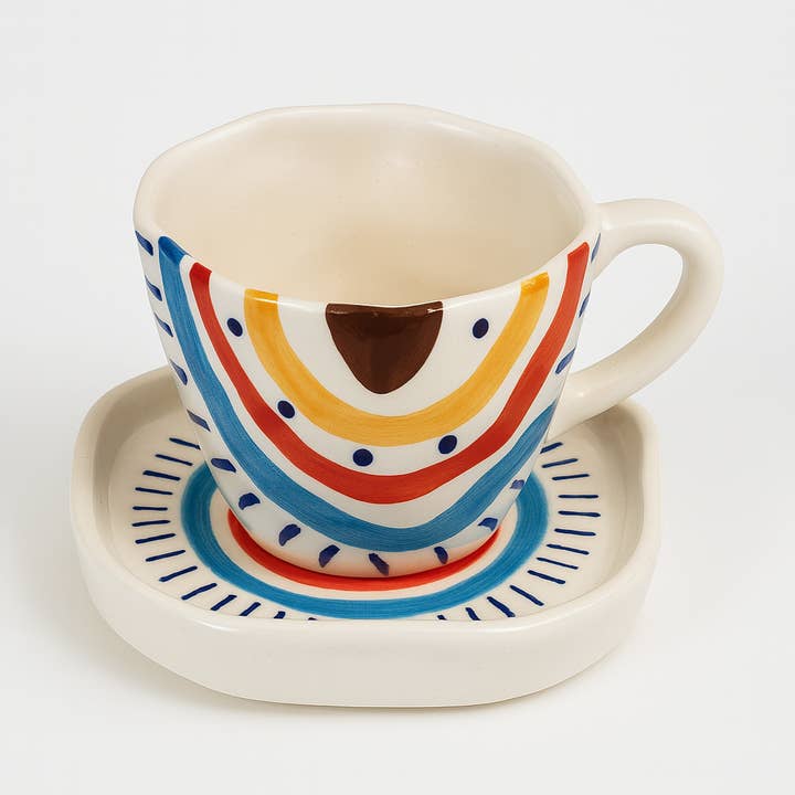 Tasses et soucoupes en céramique rustique peintes à la main Boho, café pour la vente par Bohozena