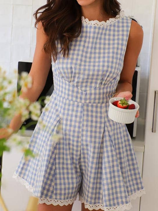 Gingham Lace-Trimmed Romper for wholesale by Anna Kaci Wholesale