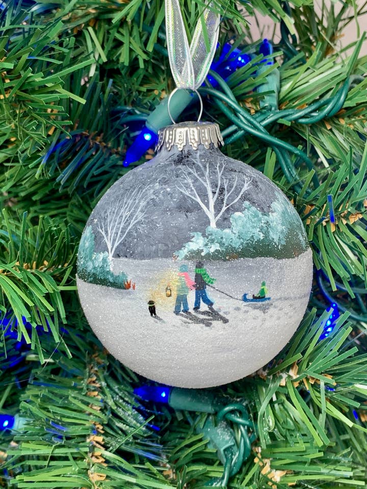 Couple Walking with Sled & Lantern Hand Painted Ornament for wholesale by Art with Elise