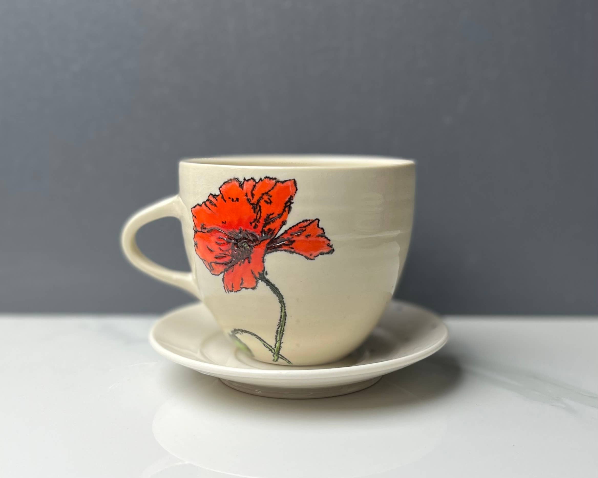 Lucy Nilan Studios - Wholesale Coffee Mug - Poppies Handmade Porcelain Coffee Mug in White6