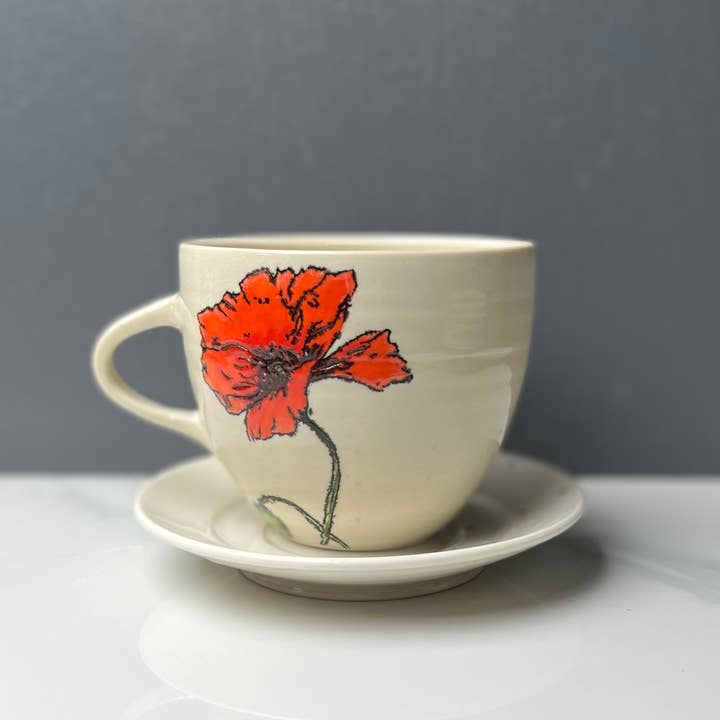 Lucy Nilan Studios - Wholesale Coffee Mug - Poppies Handmade Porcelain Coffee Mug in White6