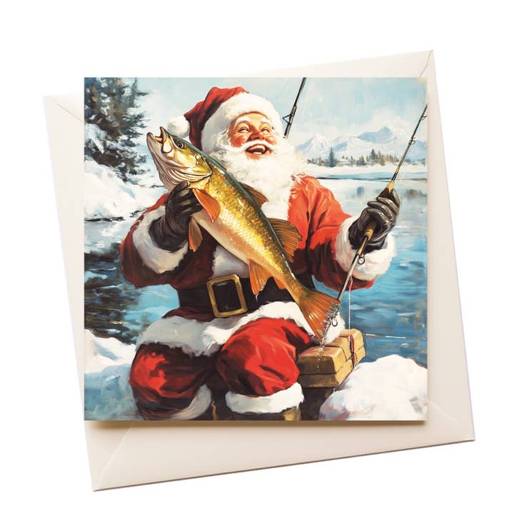 Klassieke Kerstkaart met Vissende Kerstman voor wholesale door Artificial Ink