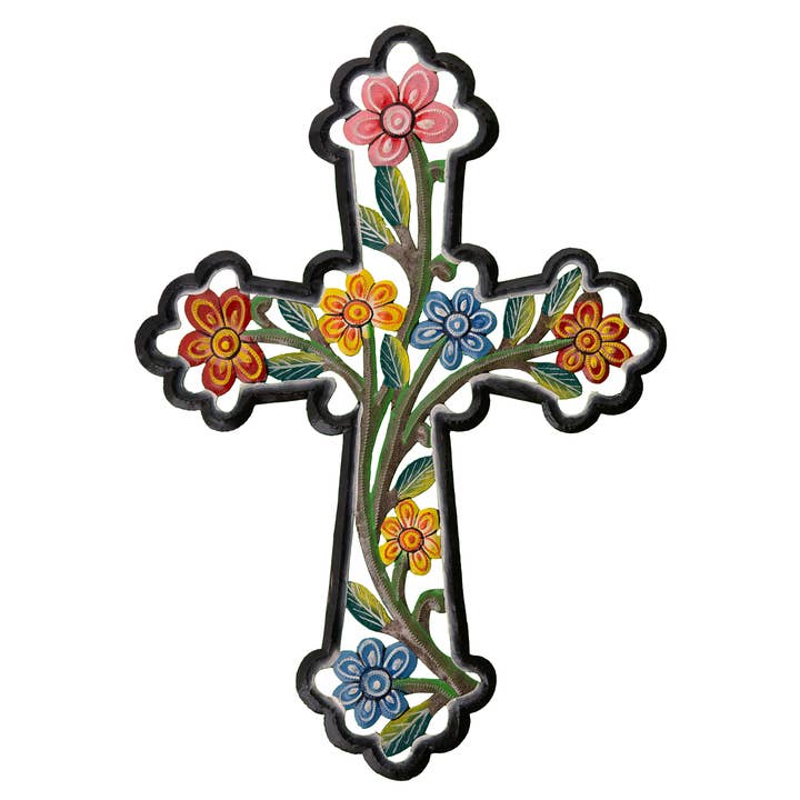 Painted Floral Cross for wholesale by Le Primitif Galleries