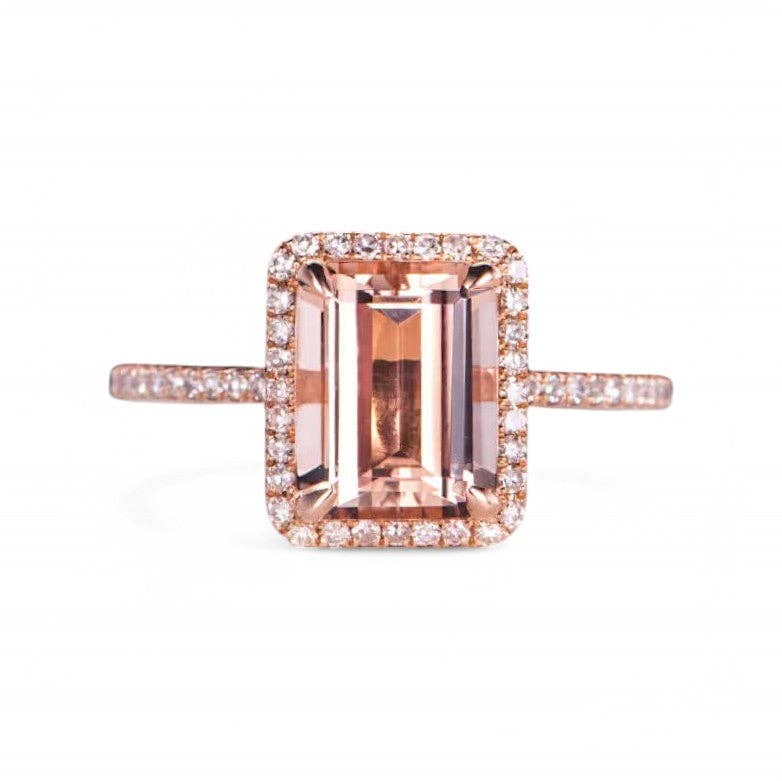 GEMPARA - Vente Bagues de fiançailles - Bague de fiançailles halo en morganite rectangulaire en or rose 14K