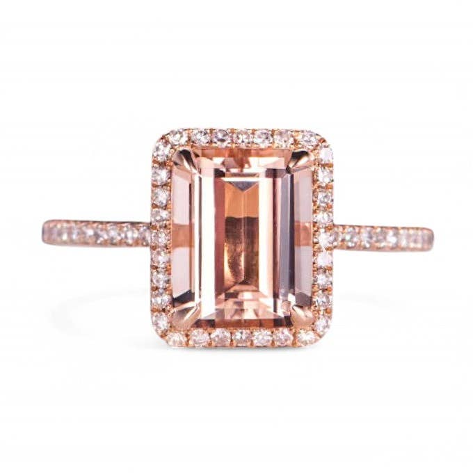 GEMPARA - Vente Bagues de fiançailles - Bague de fiançailles halo en morganite rectangulaire en or rose 14K0