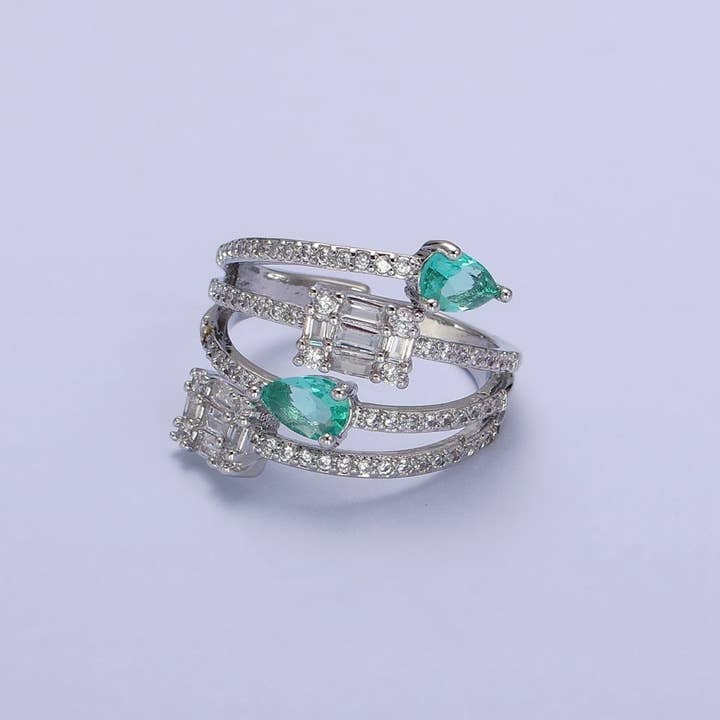 Aim Eternal - Wholesale Multi-Stone Ring - Aqua Tear Drop CZ Micro Paved Gold Wrap Baguette Stacking Ring O-1513 O-15141