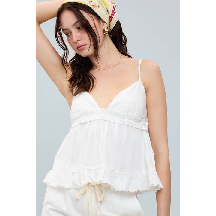 SOFT SOLID COLOR EYELET LACE RUFFLE TRIM CAMI TOP for wholesale by Sky to Moon