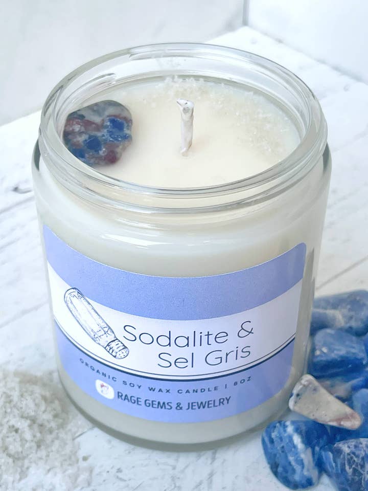 Candela in cera di soia biologica Sodalite & Sel Gris per la vendita all'ingrosso da parte di Rage Gems & Jewelry