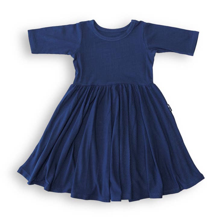MID SLEEVE TWIRL DRESS- Navy Ribbed for wholesale by millie + roo LLC