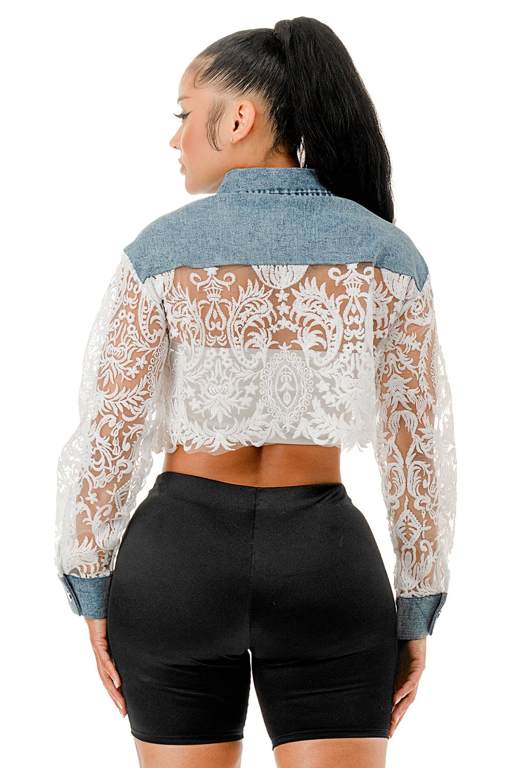 SALT - Wholesale Denim Jacket - Women's - (SJ5073)Pearl Brooch & Lace Sleeve Cropped Denim Jacket3