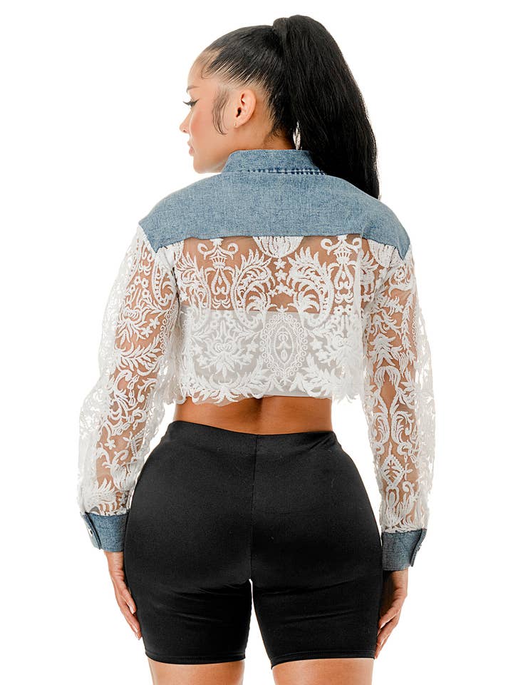 SALT - Wholesale Denim Jacket - Women's - (SJ5073)Pearl Brooch & Lace Sleeve Cropped Denim Jacket3