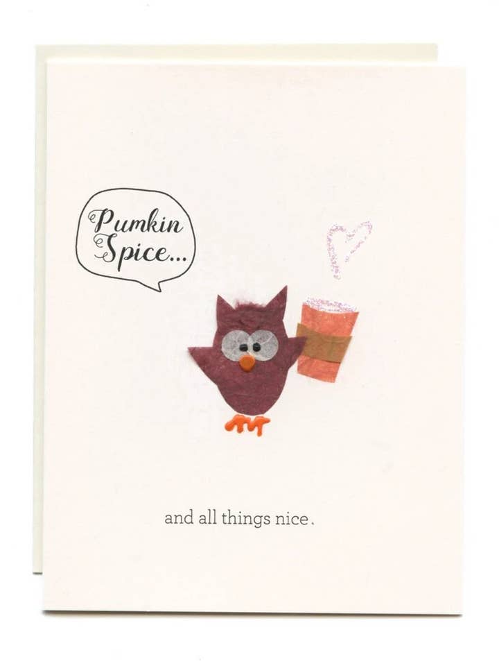 "Pumpkin Spice And All Things Nice" Owl w/ Latte for wholesale by FLAUNT HANDMADE CORRESPONDENCES