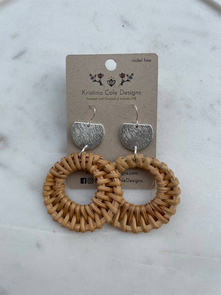 Wicker circle earrings with silver topper for wholesale by Kristina Cole Designs