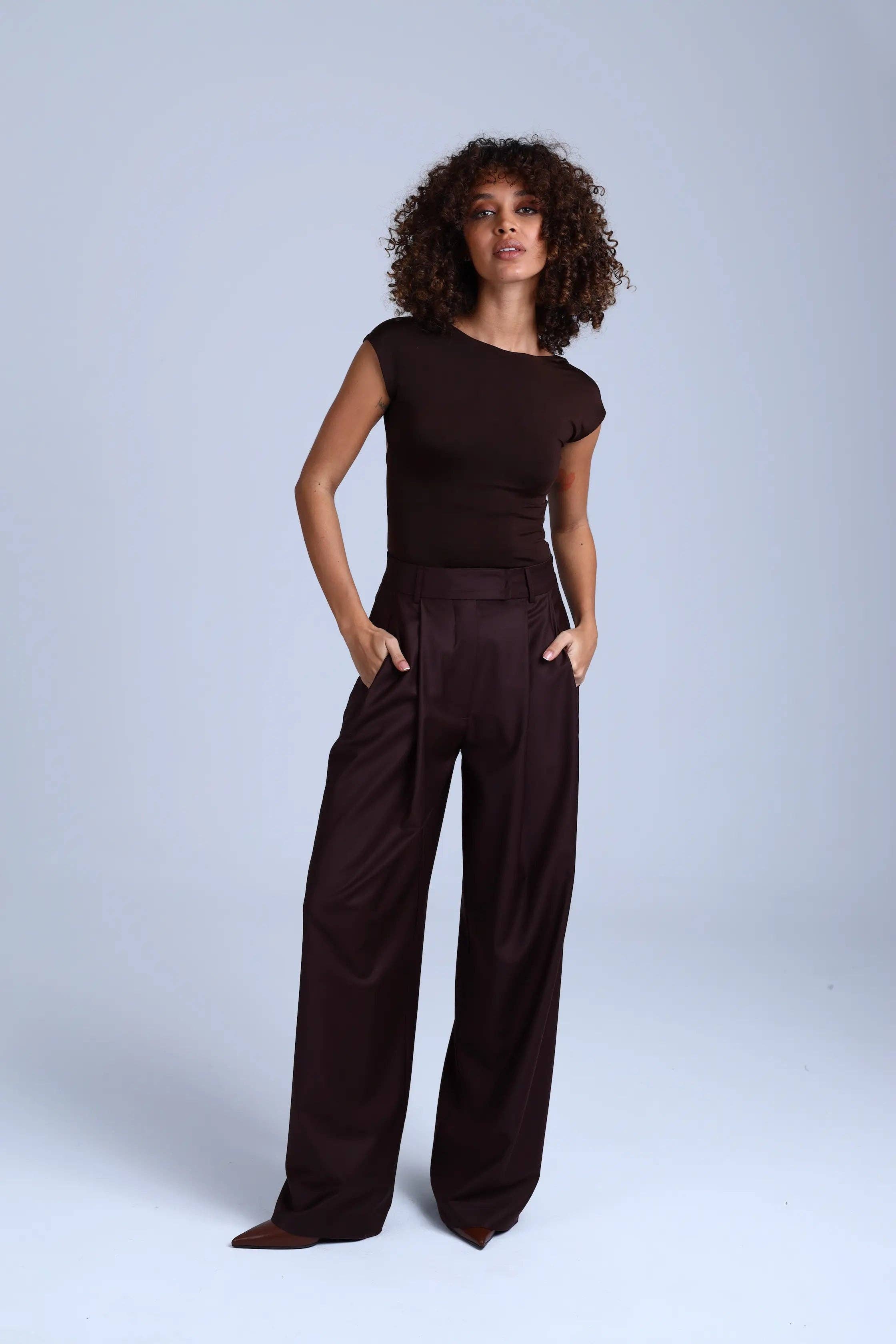 ETNA - Wholesale Suit Pants - Women's - Monica Suit Wide-leg Brown Virgin Wool Pants1
