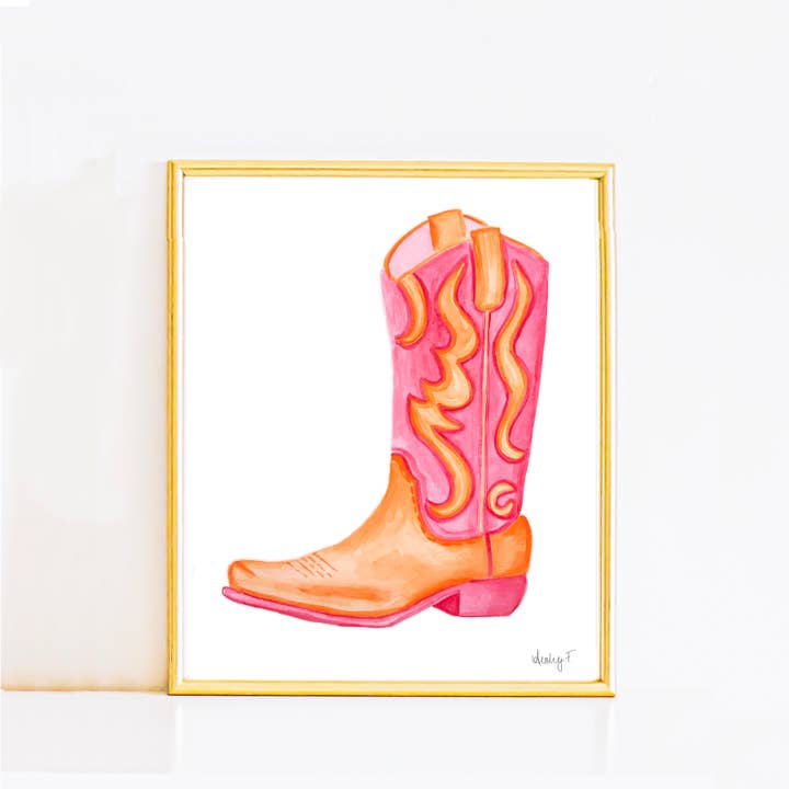 Shop Art by Audrey - Wholesale Art Print - Print Watercolor Hot Pink & Orange Cowboy Boot