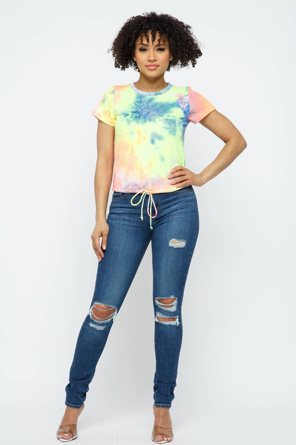 Multi Tie Dye Short Sleeve Bottom Self Spaghetti Drawstring Top for wholesale on Faire4