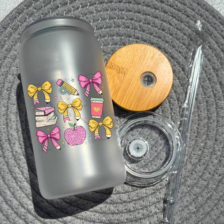 16 oz glass can with bamboo lid and straw-Teacher bows & doodle (UV197) for wholesale by Wholesale By Kendranique