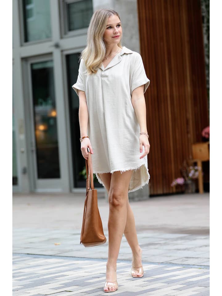 42POPS - Wholesale Dress - Women's - .SI-24570 Linen Shirt Dress With Frayed Hem