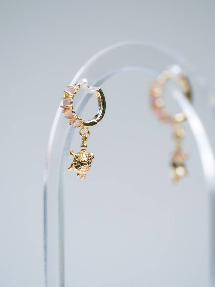 Turtle Pink Opal Huggies Hawaii made gold plated for wholesale by Con Cariño Design
