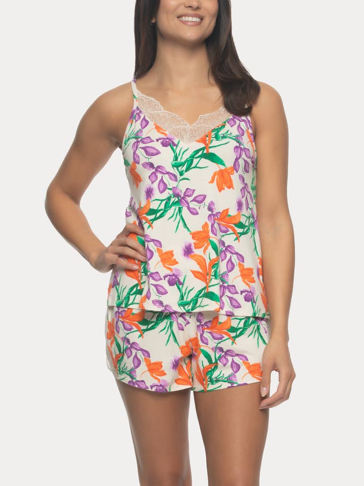 Desiree Lace Trim Cami & Shorts Set - Romantic Tropical for wholesale by Felina
