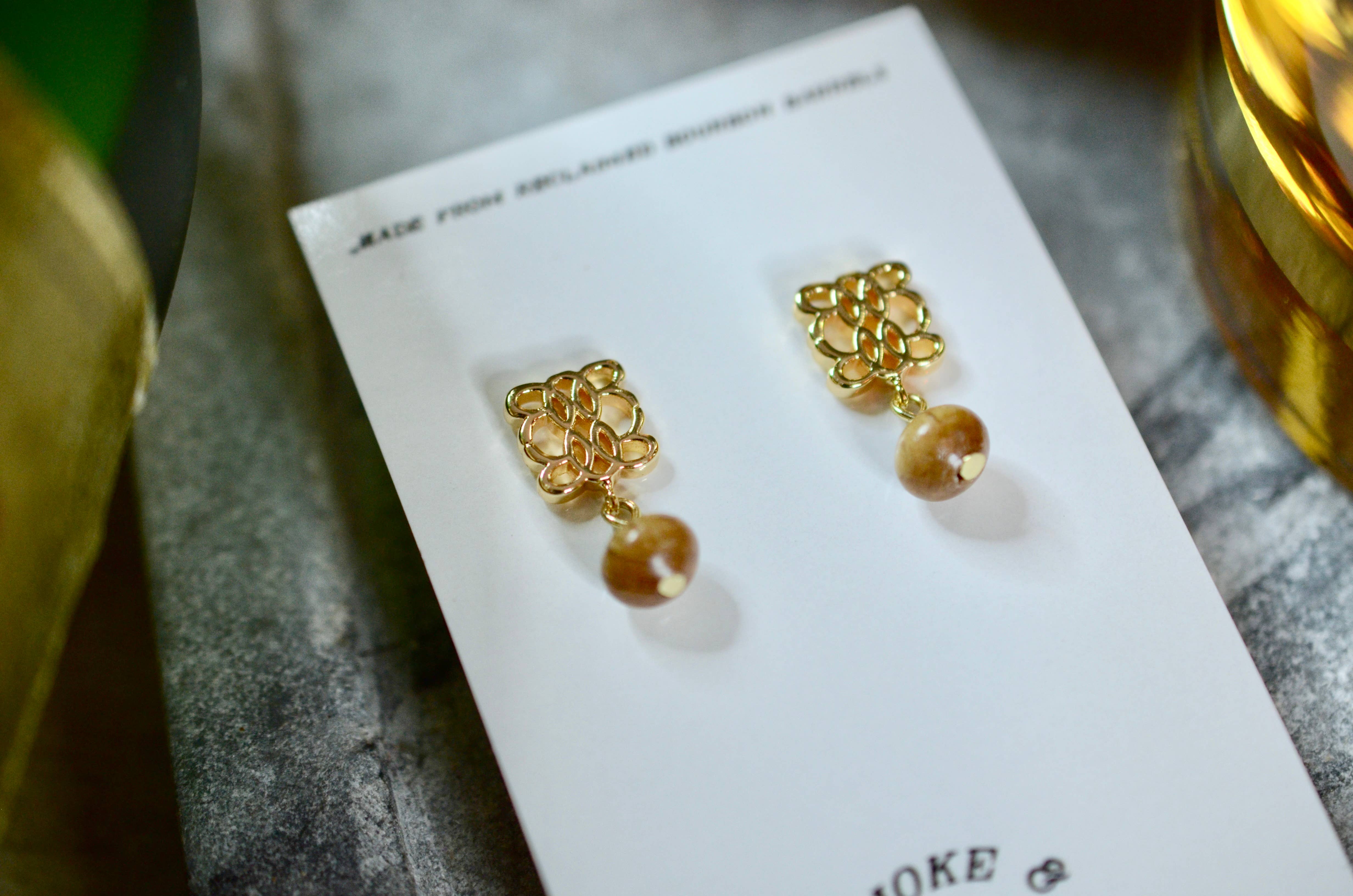 Smoke & Spirits - Wholesale Dangle Earrings - Top Shelf Bourbon Barrel & Gold Celtic Knot Earrings1