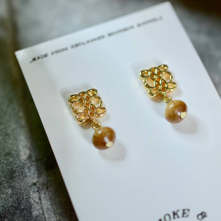 Smoke & Spirits - Wholesale Dangle Earrings - Top Shelf Bourbon Barrel & Gold Celtic Knot Earrings1