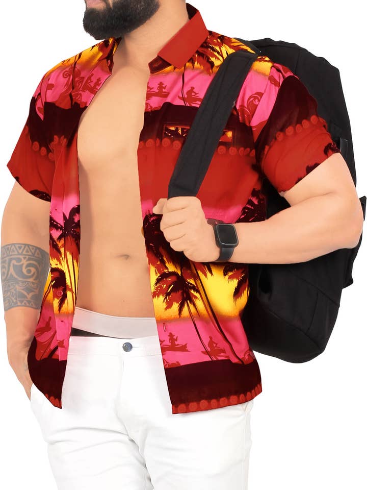 LA LEELA Men's Funky Beach Button Down Hawaiian Shirt 129809 for wholesale by La Leela LLC