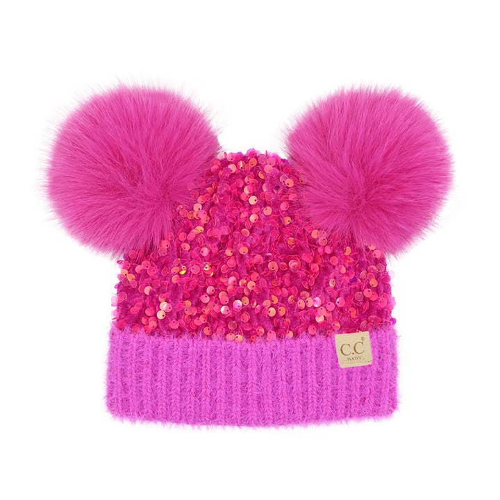 C.C Beanie - Wholesale Beanie - Kids - BABY Cluster Sequin Faux Fur Double Pom C.C Beanie BBHTE0012