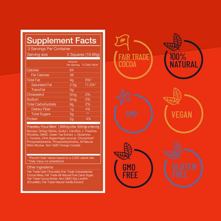 The Functional Chocolate Company – Suplemento/vitamina oral por atacado – Brainy Chocolate - Fórmula Focus - Laranja picante2