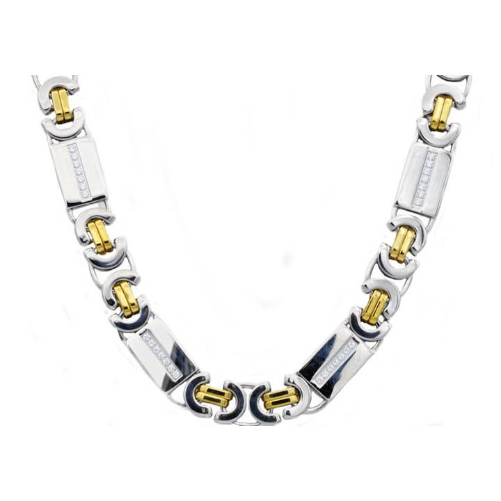 Men's Gold Stainless Steel Flat Byzantine Link Chain Necklace With Cubic Zirconia for wholesale by Blackjack Mens Jewelry