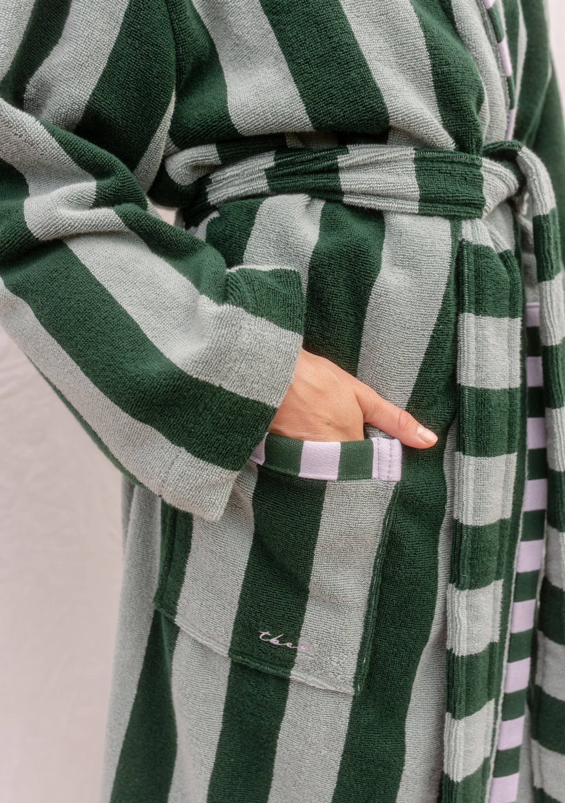 TBCo - Wholesale Robe - Women's - Terry Cotton Bath Robe in Green Stripe2