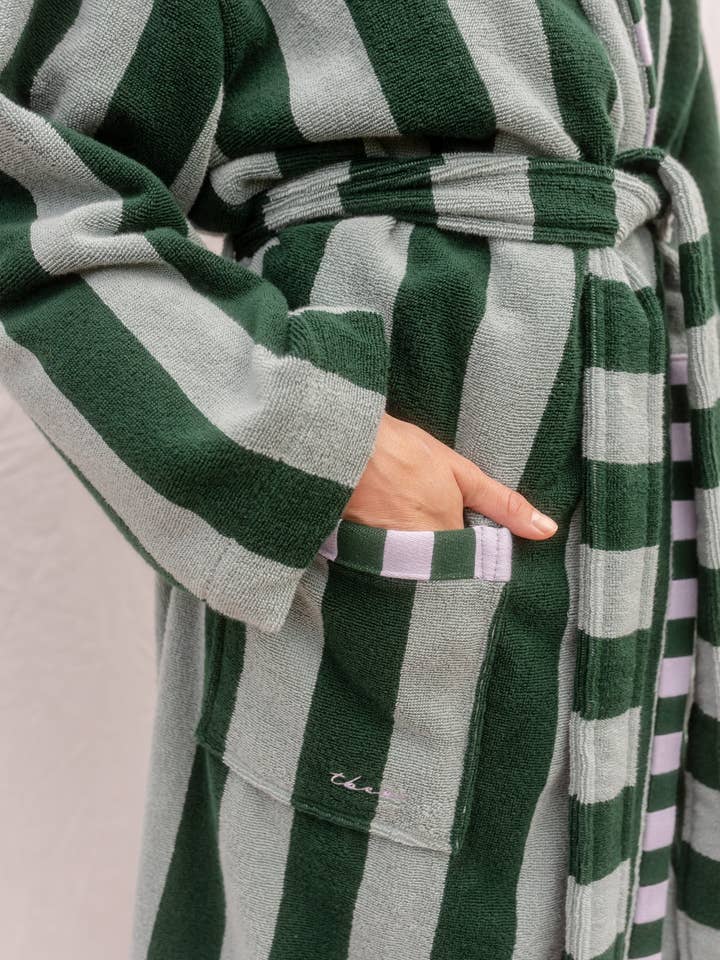 TBCo - Wholesale Robe - Women's - Terry Cotton Bath Robe in Green Stripe2