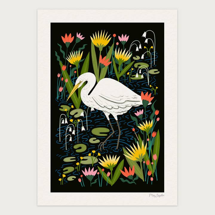 Great Egret Bird Art Print – Colourful Wildlife Wall Art for wholesale by Maz Leyden