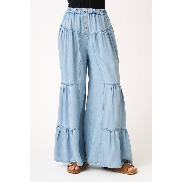 mittoshop - Wholesale Pants - Women's - WASHED CHAMBRAY TIERED WIDE LEG BUTTON FRONT PANTS12