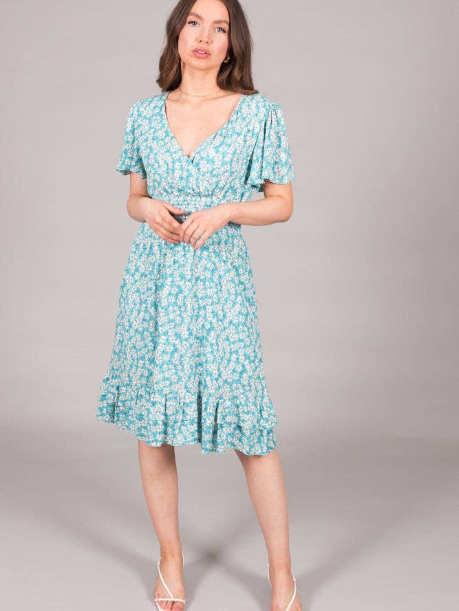 Vestido com Cintura de Fumo e Estampa Miúda - Azul por atacado de SOLO