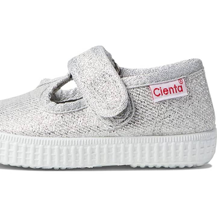 Cienta 50013.26 Argent scintillant Bride en T à velcro pour la vente par Cienta Shoes