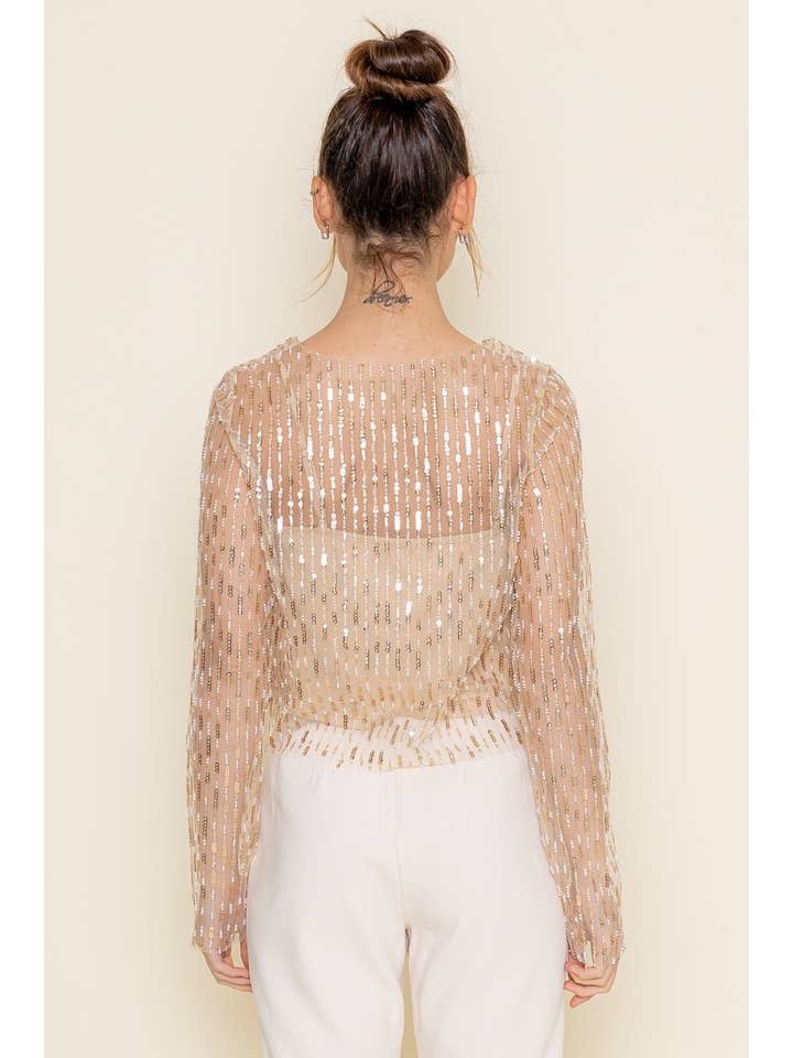 CHIC GOLD INTRICATE BEADED MESH LONG SLEEVE TOP-TI5688FO for wholesale on Faire