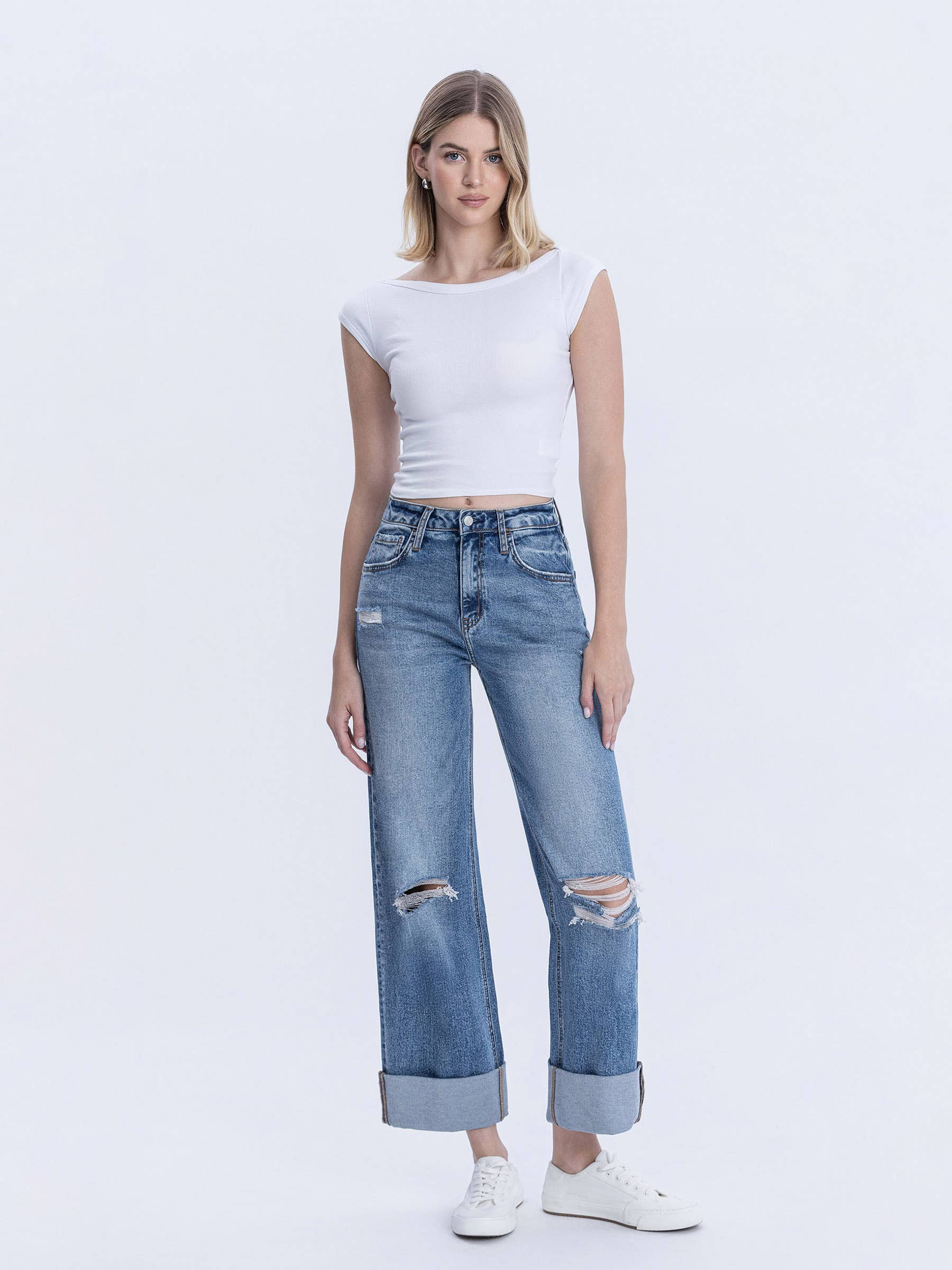 ROSY SUPER HIGH RISE DOUBLE CUFFED BAGGY WIDE JEANS LV1459 for wholesale on Faire4