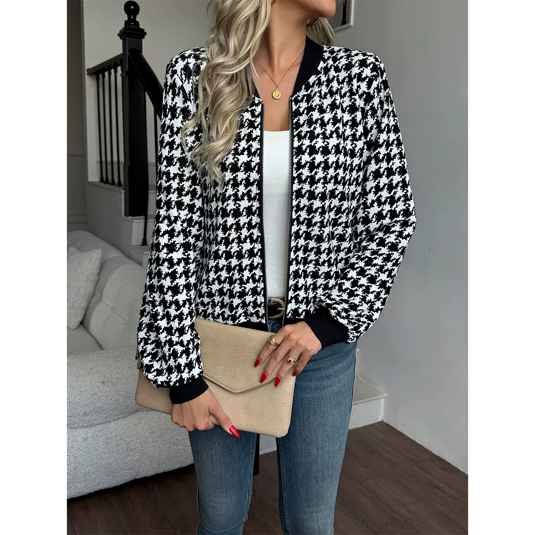 Black Zipper Houndstooth Loose Fit Casual Jacket ZK3708 for wholesale on Faire3