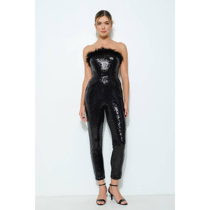 Sequin Strapless Jumpsuit with Feather Trim for wholesale by INA