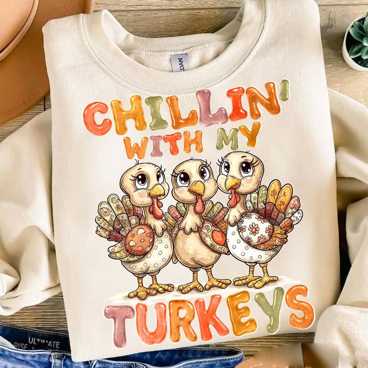 NVC Ecommerce LLC - Wholesale T-Shirt (Graphic) - Women's - Chillin' With My Turkeys Tee, Fall Patchwork Turkey Sweater3