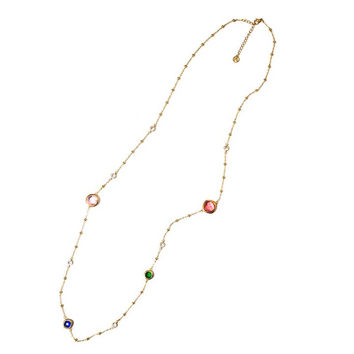 LANGE HALSKETTE MIT RUNDEN UND QUADRATISCHEN FARBIGEN KRISTALLEN für den Großhandel von AMORINO SRL